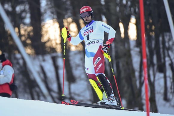 Switzerland&#039;s Loic Meillard stands on the course after he missed a gate during an alpine ski, men&#039;s World Cup slalom, in Chamonix, Sunday, Jan. 31, 2021. (AP Photo/Marco Tacca)