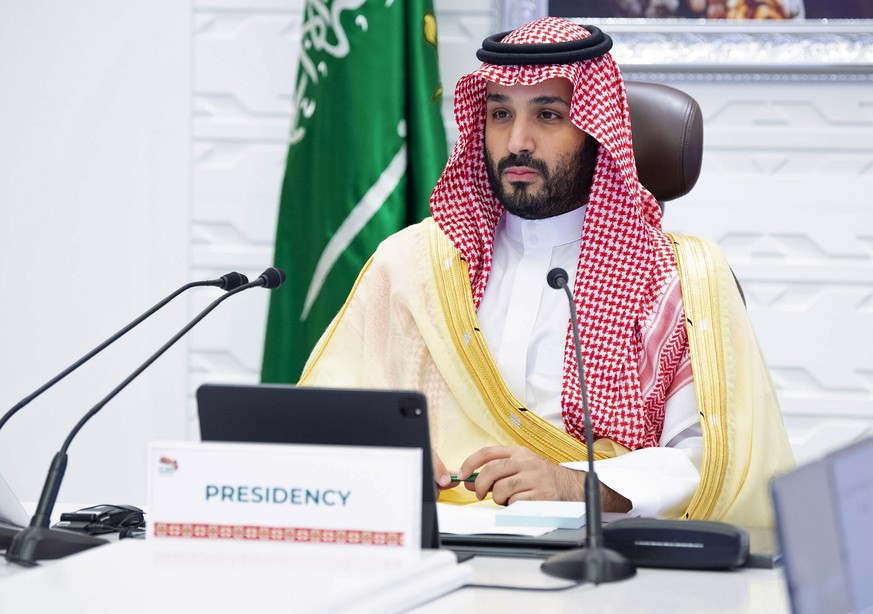 Saudi Arabia&#039;s Crown Prince Mohammed bin Salman attends a virtual G-20 summit held over video conferencing, in Riyadh, Saudi Arabia, Sunday, Nov. 22, 2020. The Group of 20 summit began Saturday w ...
