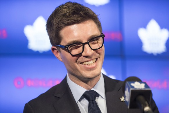 Kyle Dubas speaks after he was introduced as the new general manager of the Toronto Maple Leafs during an NHL hockey news conference in Toronto on Friday, May 11, 2018. (Chris Young/The Canadian Press ...