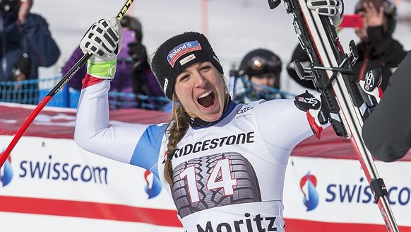 epa06378618 Winner Jasmine Flury of Switzerland, reacts during the podium ceremony after the women&#039;s Super-G race at the FIS Alpine Ski World Cup, in St. Moritz, Switzerland, Saturday, December 9 ...