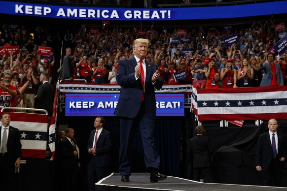 President Donald Trump arrives to speak at his re-election kickoff rally at the Amway Center, Tuesday, June 18, 2019, in Orlando, Fla. (AP Photo/Evan Vucci)