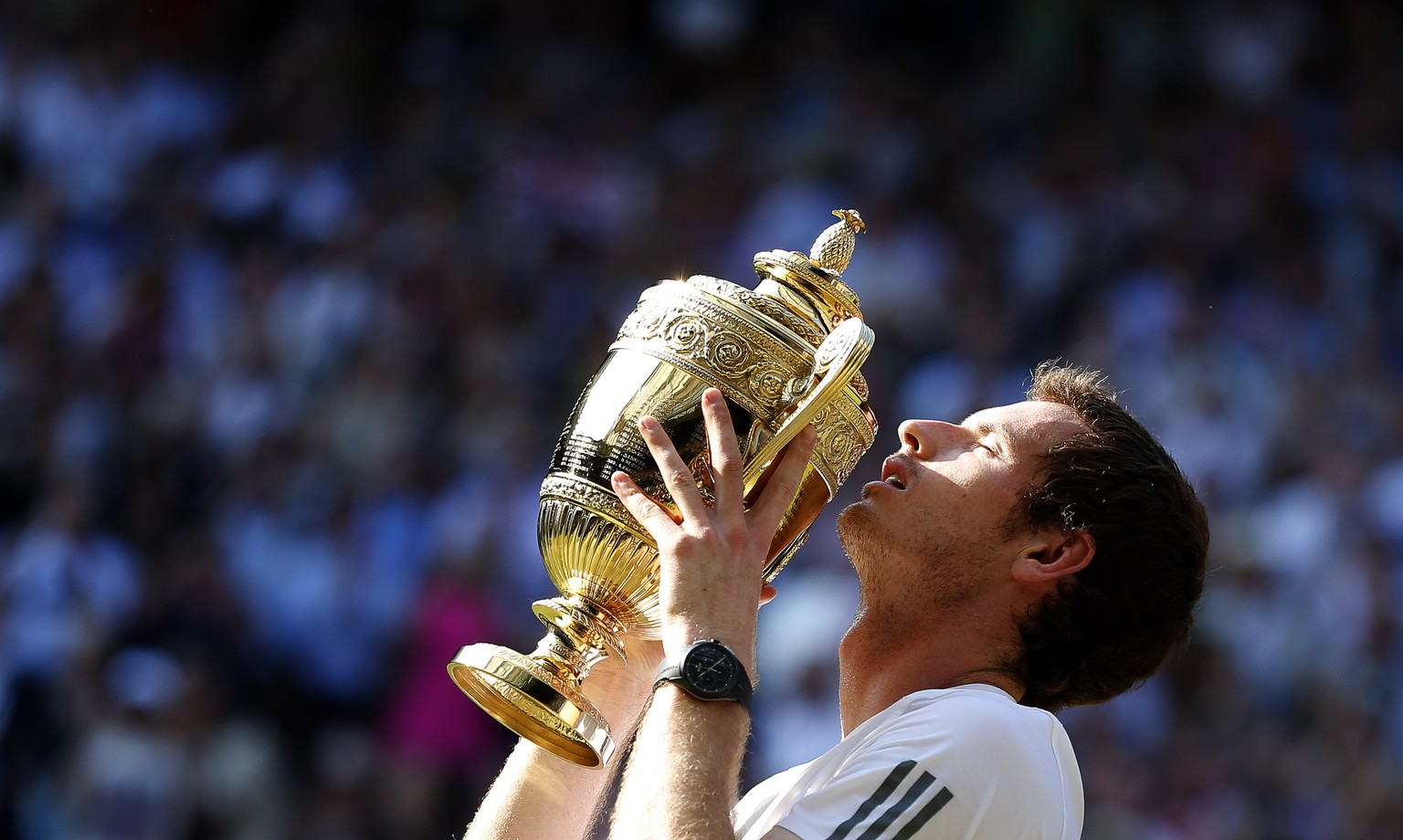 epa07274366 (FILE) - Andy Murray of Britain kisses the championship trophy after defeating Novak Djokovic of Serbia in the men&#039;s final for the Wimbledon Championships at the All England Lawn Tenn ...
