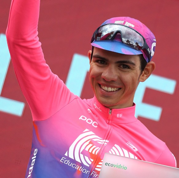 epa07837822 Colombian rider Sergio Higuita of EF Education First team celebrates on the podium after winning the 18th stage of the Vuelta a Espana cycling race, over 177.5km from Colmenar Viejo to Bec ...