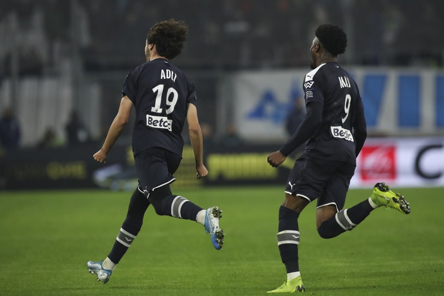 Bordeaux&#039;s Yacine Adli celebrates after scoring a goal during the French League One soccer match between Marseille and Bordeaux at the Velodrome stadium in Marseille, southern France, Sunday, Dec ...