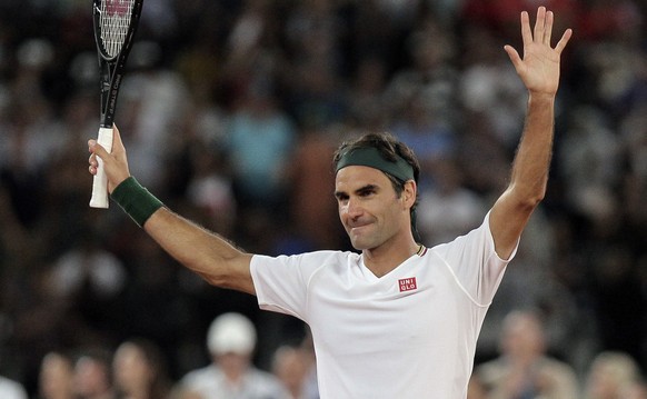 FILE - In this file photo dated Friday Feb. 7, 2020, Roger Federer thanks the crowd after winning 3 sets to 2 against Rafael Nadal in their exhibition tennis match held at the Cape Town Stadium in Cap ...