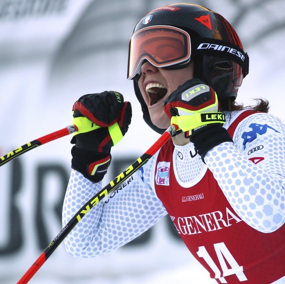 Italy&#039;s Nicol Delago celebrates at the finish area during a ski World Cup Women&#039;s Downhill, in Val Gardena, Italy, Tuesday, Dec. 18, 2018. (AP Photo/Alessandro Trovati)