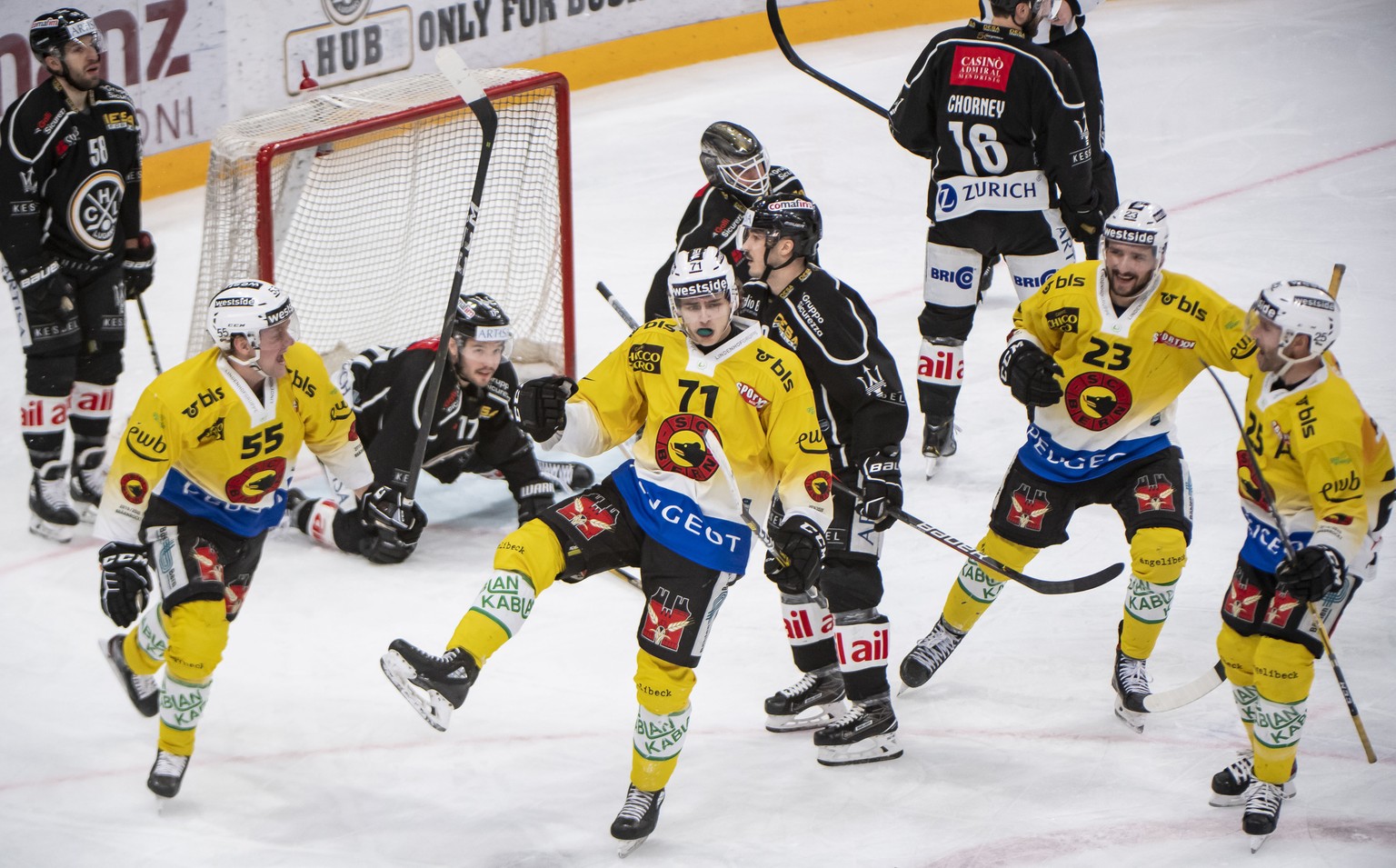 Bern&#039;s player Jeremi Gerber, celebrate 0-1 gool , during the preliminary round game of National League A (NLA) Swiss Championship 2019/20 between HC Lugano and SC Bern at the ice stadium Corner A ...