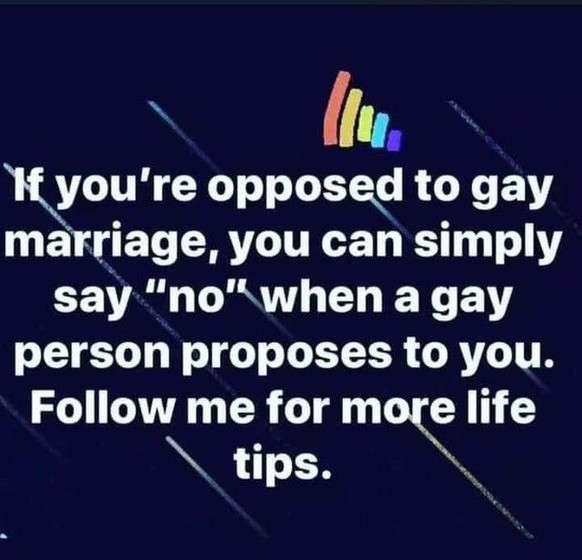 Falls du gegen die Ehe für alle bist, kannst du einfach «Nein» sagen, wenn dich eine homosexuelle Person fragt, ob du sie heiraten willst.