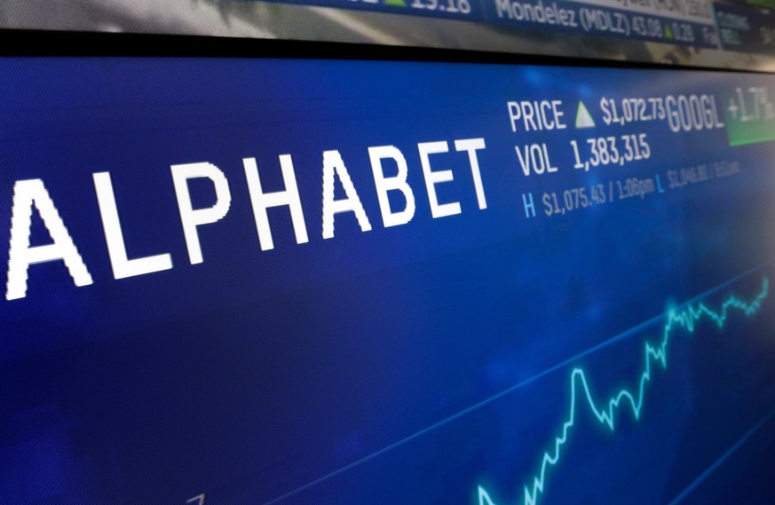 FILE- In this Feb. 14, 2018, file photo the logo for Alphabet appears on a screen at the Nasdaq MarketSite in New York. Google parent Alphabet report their latest results Tuesday, April 28, 2020 after ...