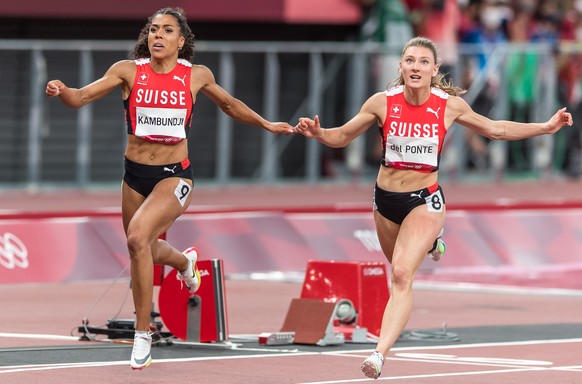 Ajla Del Ponte, right, and Mujinga Kambundji, left, finish the final of the women&#039;s 100 m in ranks five (Del Ponte) and six (Kambundji) at the 2020 Tokyo Summer Olympics Games in Tokyo, Japan, on ...