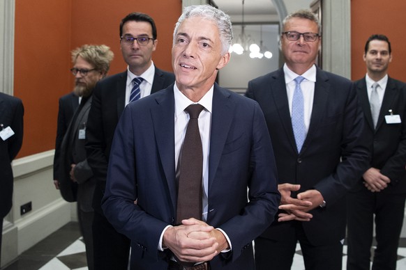 FILE - In this Wednesday, Sept. 25, 2019 file photo, Swiss Federal Attorney Michael Lauber speaks at a press conference in Bern, Switzerland. Swiss attorney general Michael Lauber was disciplined Wedn ...