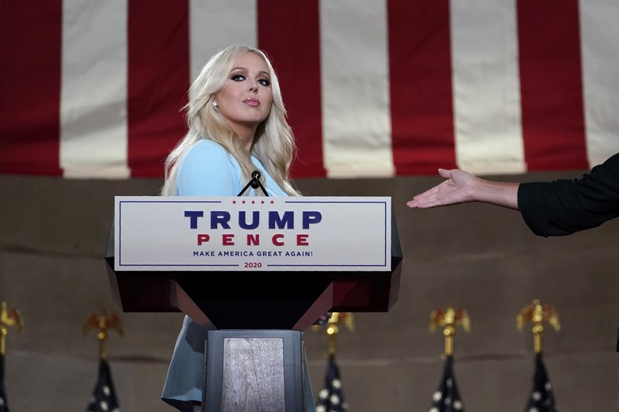 Tiffany Trump stands on stage before she tapes her speech for the second day of the Republican National Convention from the Andrew W. Mellon Auditorium in Washington, Tuesday, Aug. 25, 2020. (AP Photo ...