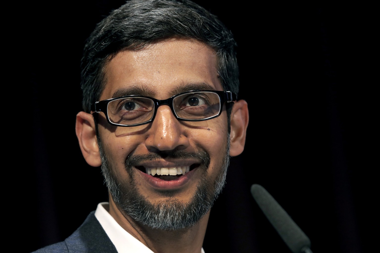 FILE - In this Tuesday, Jan. 22, 2019, file photo, Sundar Pichai, CEO of Google, speaks during a statement as part of the opening of a new Google office in Berlin. Google is committing to a White Hous ...