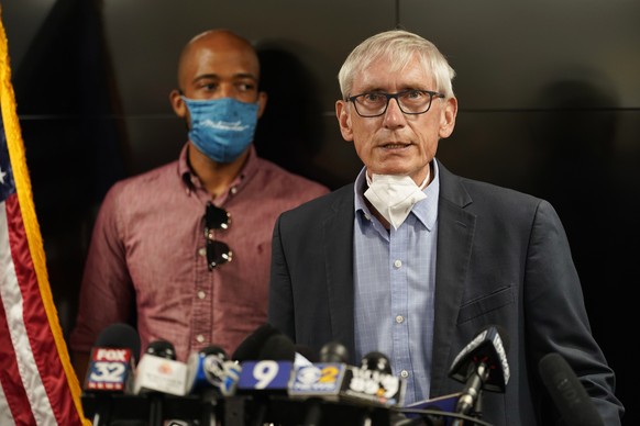Wisconsin Governor Tony Evers speaks during a news conference Thursday, Aug. 27, 2020, in Kenosha, Wis. The city has suffered from unrest in the wake of the police shooting of Jacob Blake. Lt. Gov. Ma ...