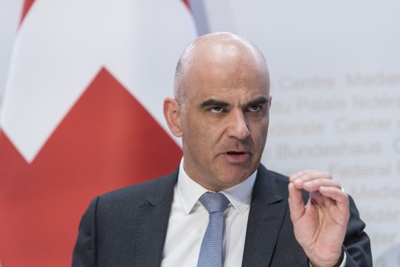 Swiss Federal councillor Alain Berset briefs the media about the latest measures to fight the Covid-19 Coronavirus pandemic, on Friday, March 13, 2020 in Bern, Switzerland. (KEYSTONE/Alessandro della  ...