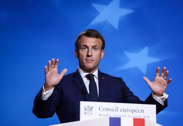 epa08750265 France&#039;s President Emmanuel Macron gives a press conference at the end of the two days face-to-face European Union (EU) summit at the European Council Building in Brussels, Belgium, 1 ...