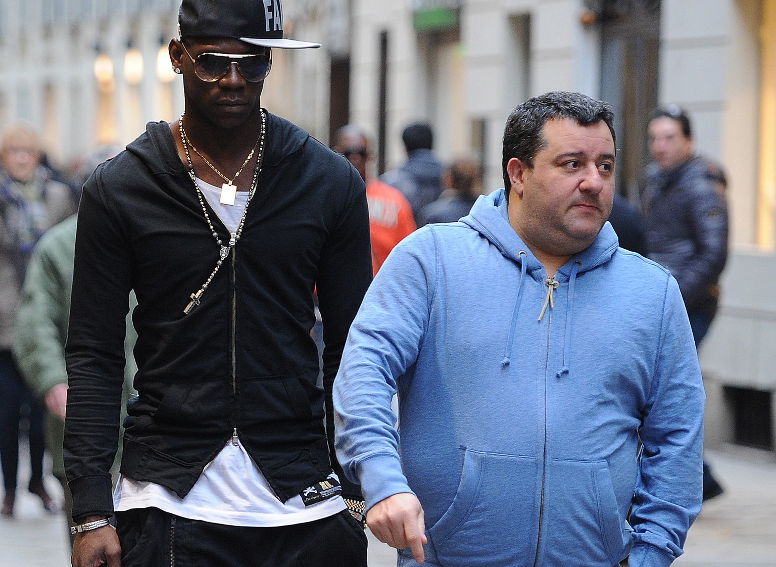 MILAN, ITALY - MARCH 05: Agent Mino Raiola and Mario balotelli are seen on March 5, 2013 in Milan, Italy. (Photo by Jacopo Raule/Getty Images)