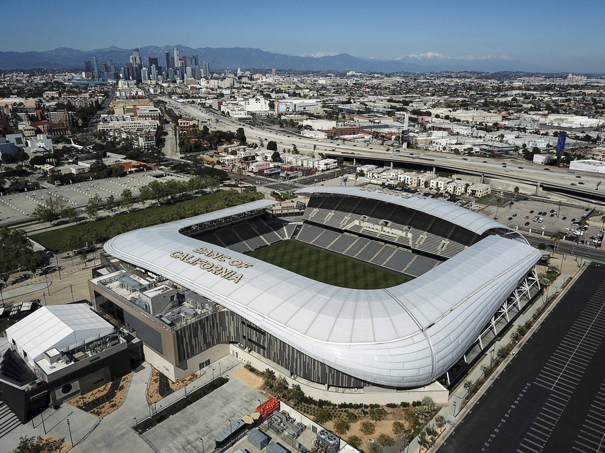 April 15, 2020, Los Angeles, California, U.S: An aerial view shows the Banc of California Stadium with downtown Los Angeles skyline in background on April 15, 2020. Los Angeles Mayor Eric Garcetti sai ...