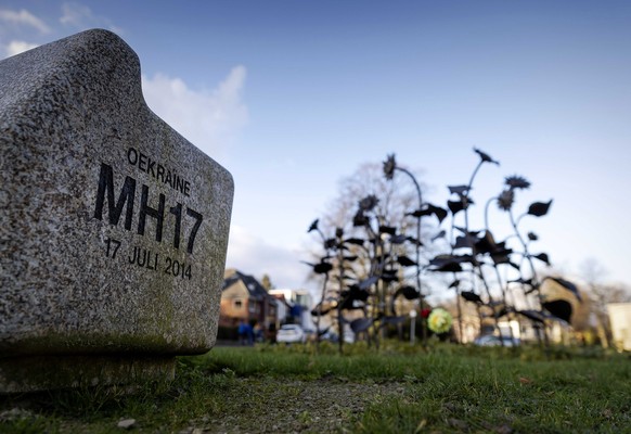 epa08223485 The MH17 monument in the Dudokpark in Hilversum, the Netherlands, 12 February 2020 (issued 17 February 2020). The fifteen sunflowers of the monument symbolize the Hilversum victims who die ...