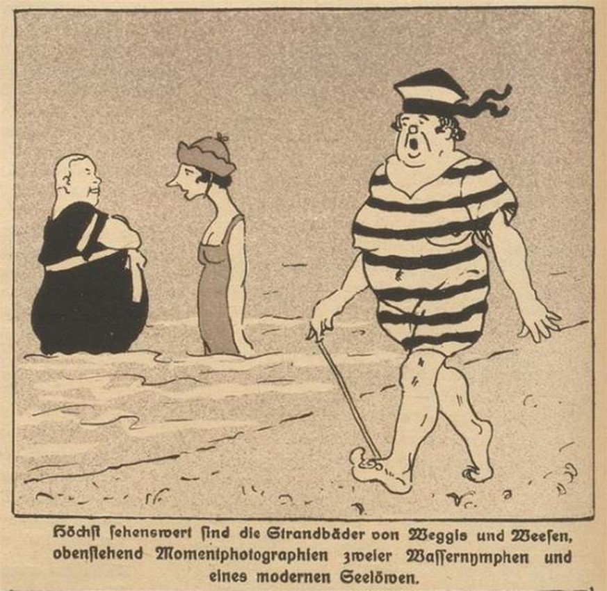 Strandleben, dargestellt in der Schweizer Satirezeitschrift Nebelspalter, 1920.
