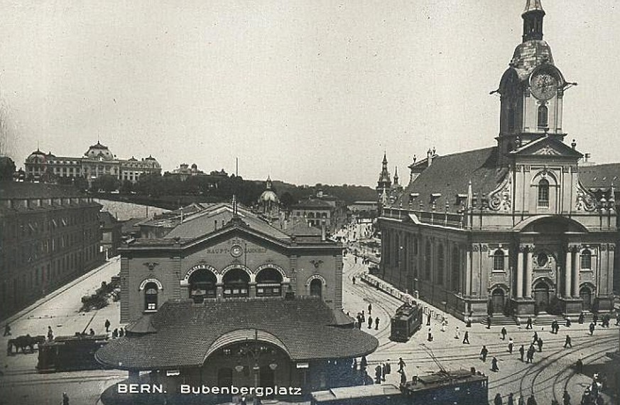 1913-1930: Bubenbergplatz, Tramhäuschen, Bahnhof, Heiliggeistkirche.