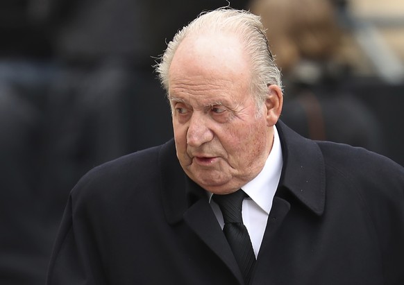 FILE - In this Saturday, May 4, 2019 file photo, Spain&#039;s former King Juan Carlos, leaves the Notre Dame cathedral after attending at the funeral of the Grand Duke Jean of Luxembourg, in Luxembour ...