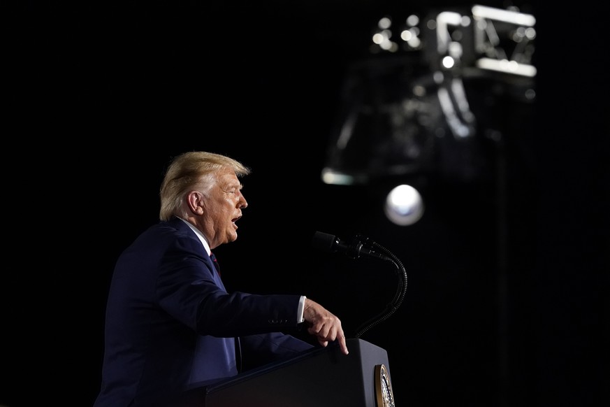 FILE - In this Aug. 27, 2020, file photo President Donald Trump speaks from the South Lawn of the White House on the fourth day of the Republican National Convention in Washington. (AP Photo/Alex Bran ...