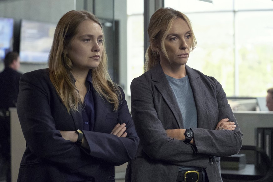 This image released by Netflix shows Merritt Wever, left, and Toni Collette in the true crime series &quot;Unbelievable.&quot; On Monday, Dec. 9, 2019, the program was nominated for a Golden Globe for ...