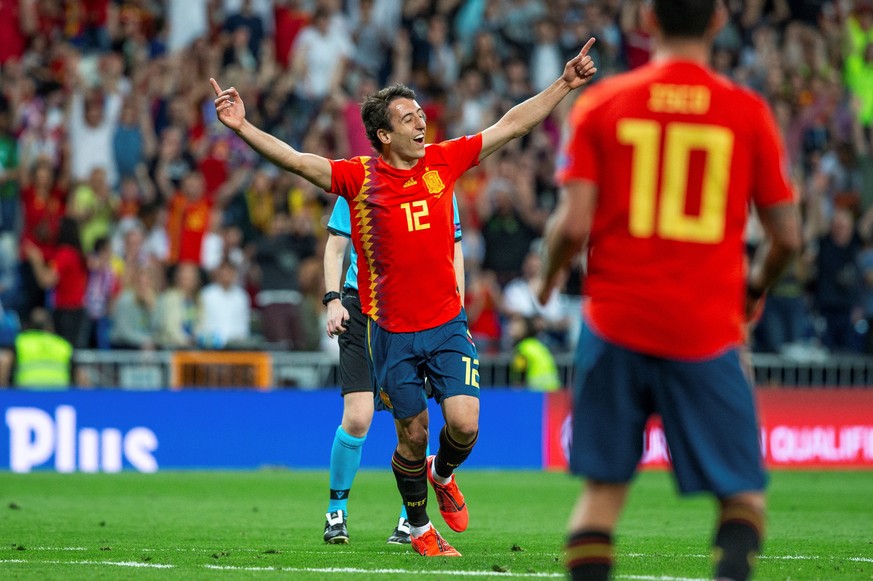 epa07639752 Spain&#039;s Mikel Oyarzabal celebrates after scoring the 3-0 lead during the UEFA EURO 2020 qualifying soccer match between Spain and Sweden at the Santiago Bernabeu stadium in Madrid, Sp ...