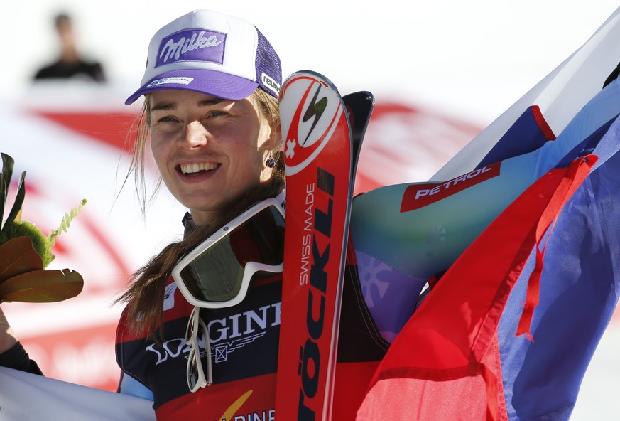 FILE - This is a Monday, Feb. 9, 2015, file photo of Slovenia&#039;s Tina Maze as she celebrates winning the women&#039;s alpine combined competition at the alpine skiing world championships in Beaver ...