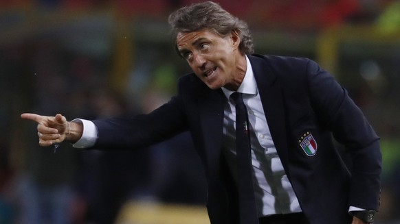 FILE - In this Friday, Sept. 7, 2018 file photo, Italy coach Roberto Mancini gestures during the UEFA Nations League soccer match between Italy and Poland at Dall&#039;Ara stadium in Bologna, Italy. I ...