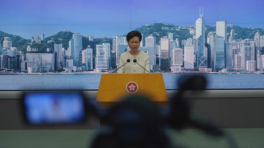 Hong Kong Chief Executive Carrie Lam listens to reporters&#039; questions during a press conference in Hong Kong, Tuesday, July 7, 2020. TikTok said Tuesday it will stop operations in Hong Kong, joini ...