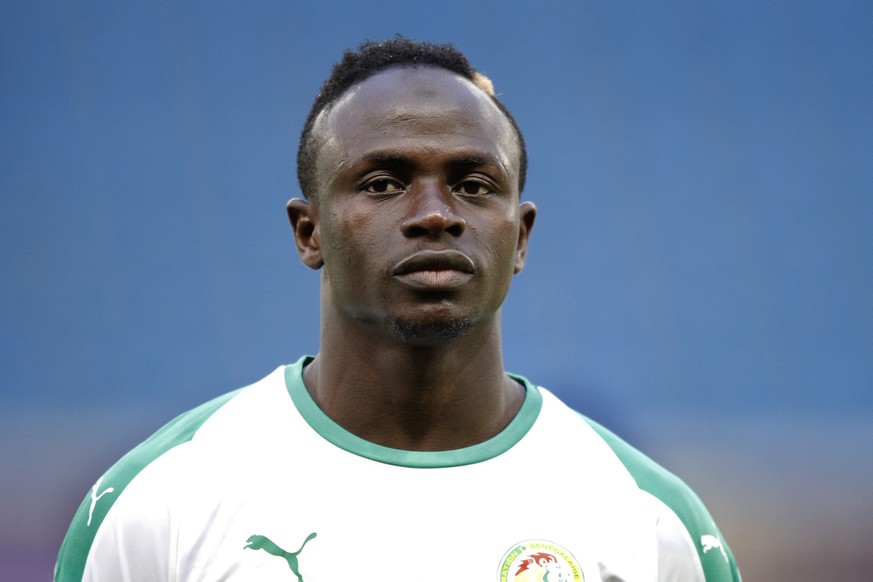 FILE - In this Tuesday, March 27, 2018 file photo, Senegal&#039;s Sadio Mane listens to national anthem prior to their friendly soccer match against Bosnia and Herzegovina at the Oceane stadium in Le  ...