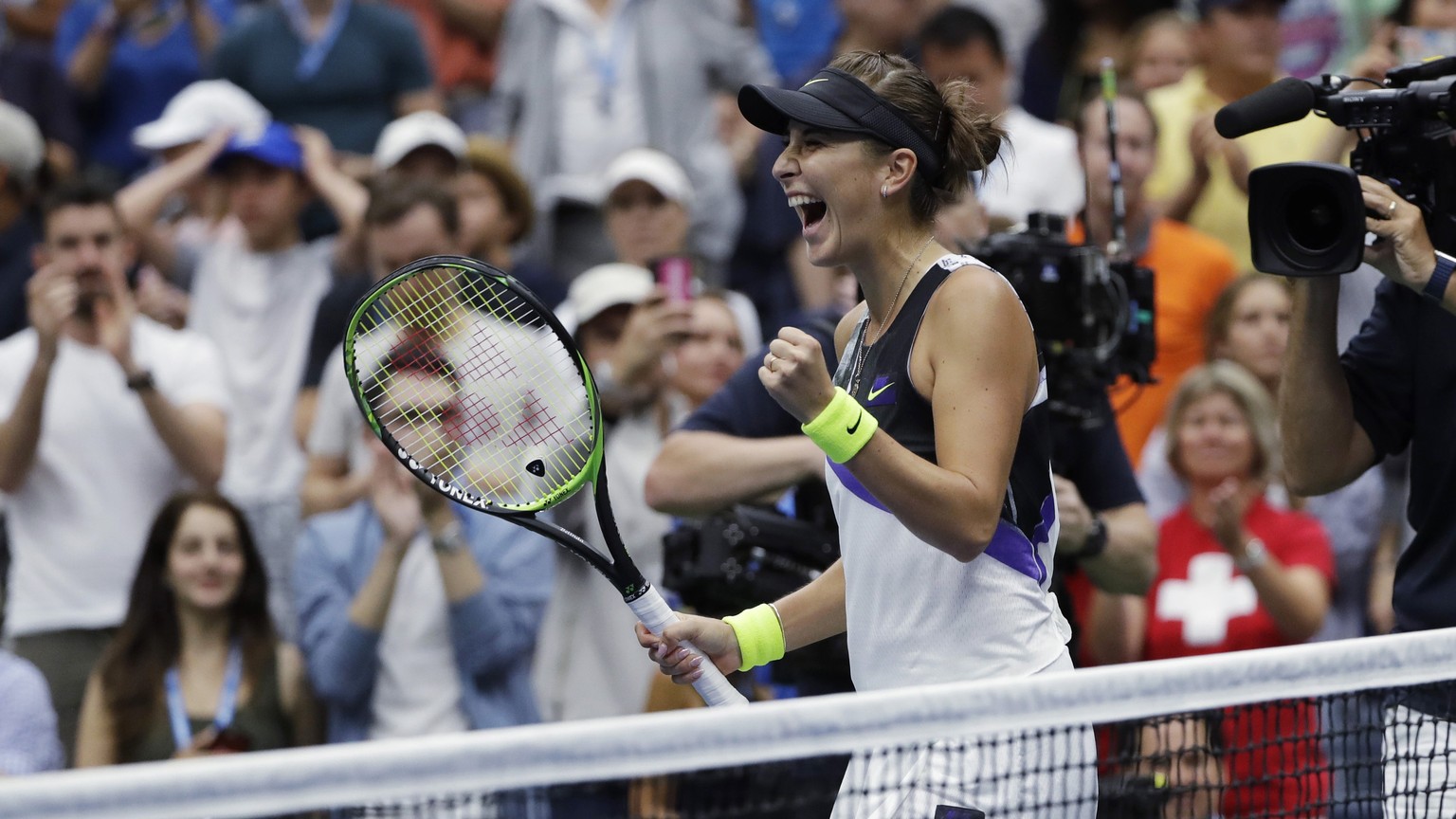 Belinda Bencic, of Switzerland, reacts after defeating Naomi Osaka, of Japan, 7-5, 6-4 during the fourth round of the US Open tennis championships Monday, Sept. 2, 2019, in New York. (AP Photo/Frank F ...
