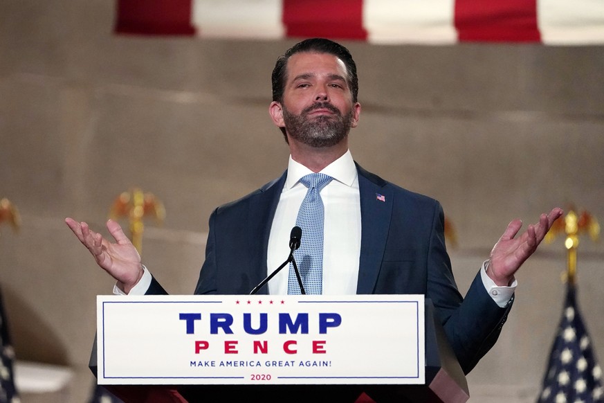 Donald Trump Jr., speaks as he tapes his speech for the first day of the Republican National Convention from the Andrew W. Mellon Auditorium in Washington, Monday, Aug. 24, 2020. (AP Photo/Susan Walsh ...