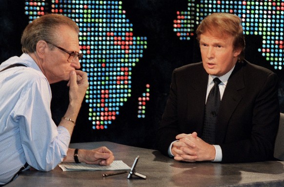 FILE - In this Oct. 7, 1999 file photo, Donald Trump, right, is interviewed by Larry King during a taping of &quot;Larry King Live,&quot; in New York. King, who interviewed presidents, movie stars and ...