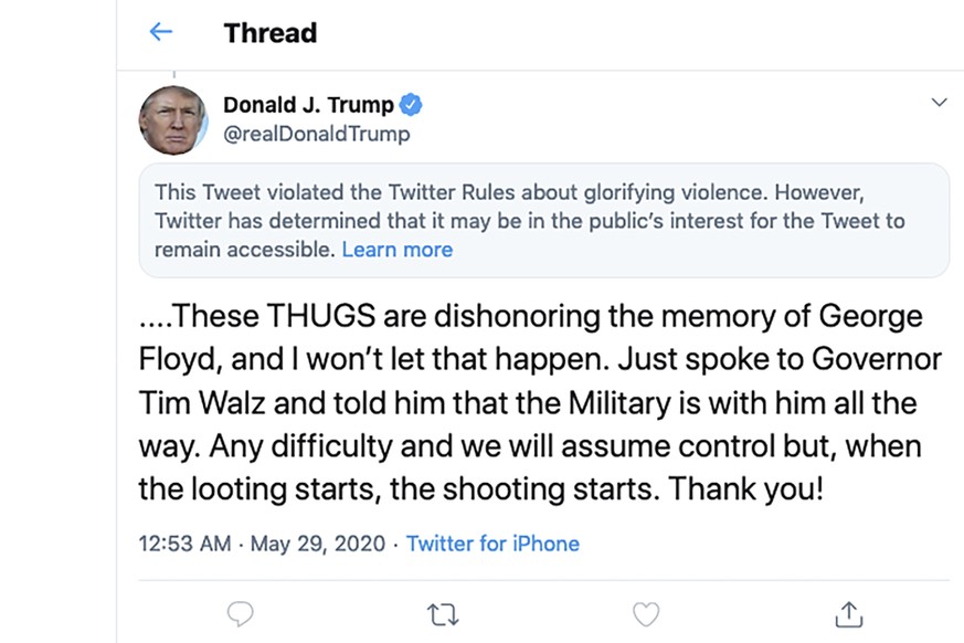 This image from the Twitter account of President Donald Trump shows a tweet he posted on Friday, May 29, 2020, after protesters in Minneapolis torched a police station, capping three days of violent p ...