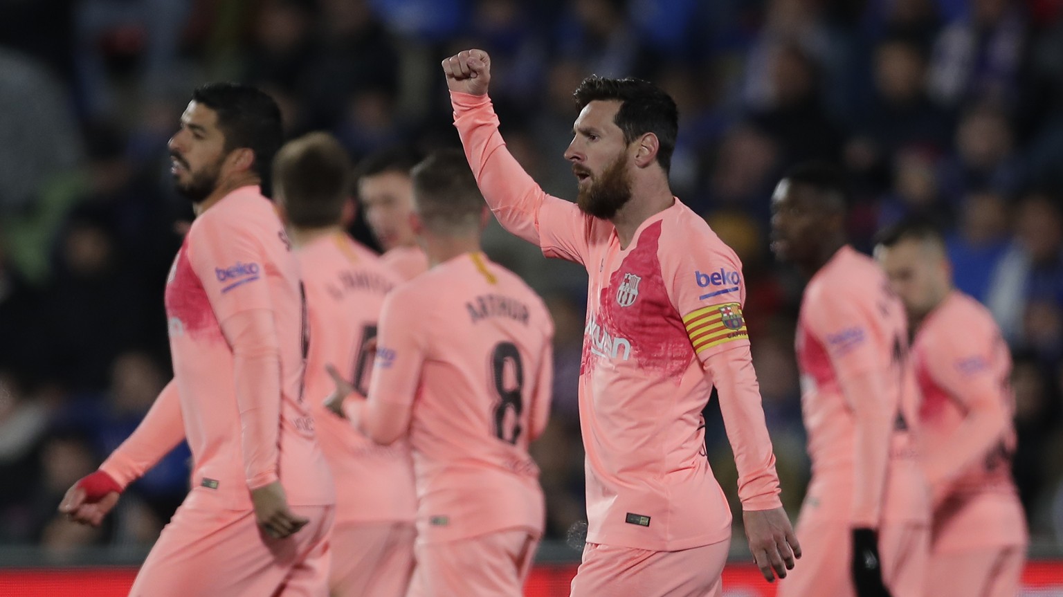FC Barcelona&#039;s Lionel Messi celebrates after scoring during a Spanish La Liga soccer match between Getafe and FC Barcelona at the Alfonso Perez stadium in Getafe, Spain, Sunday, Jan. 6, 2019. (AP ...