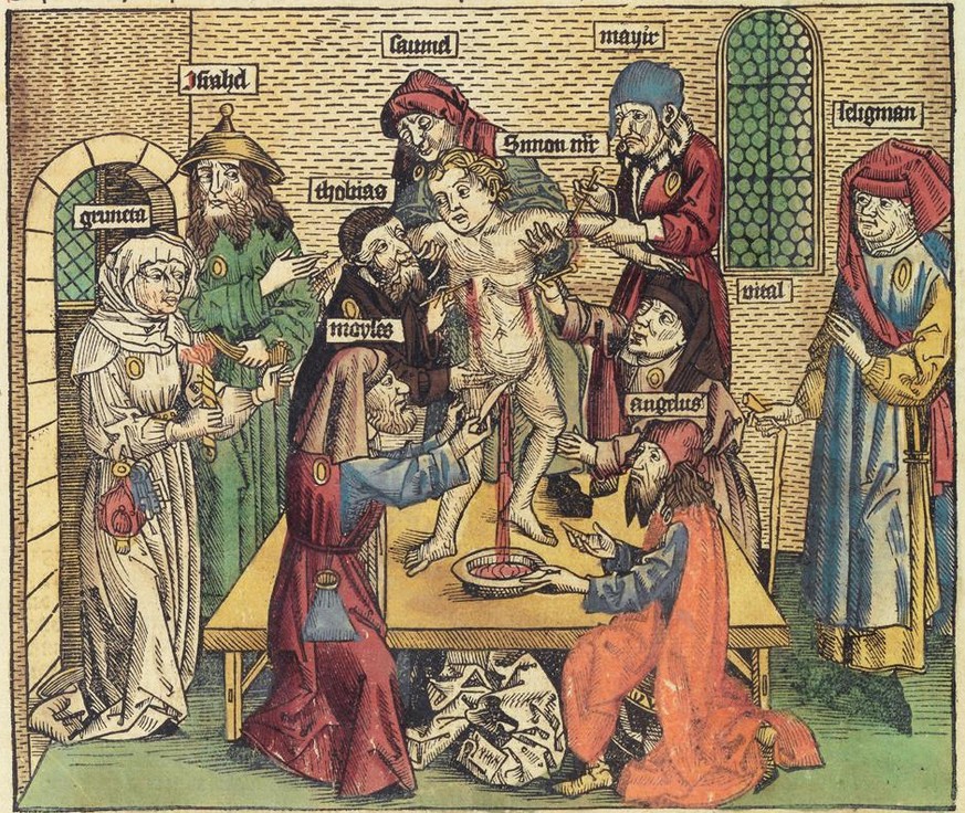 Darstellung des angeblichen Ritualmords an Simon von Trient im Jahr 1475, aus der Weltchronik Hartmann Schedels von 1493