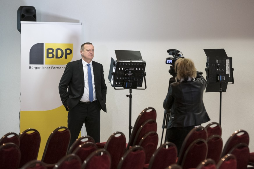 Martin Landolt President PBD Suisse, parle lors de la 1ere assemblee des delegues 2019 du Parti Bourgeois-Democratique Suisse, PBD, BDP, ayant pour but de formuler des recommandations de vote et de pr ...