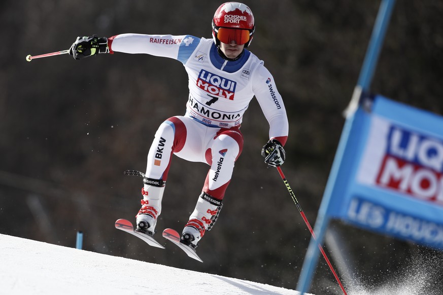 Switzerland&#039;s Loic Meillard speeds down the slope during an alpine ski, men&#039;s World Cup parallel giant slalom, in Chamonix, France, Sunday, Feb. 9, 2020. (AP Photo/Gabriele Facciotti)