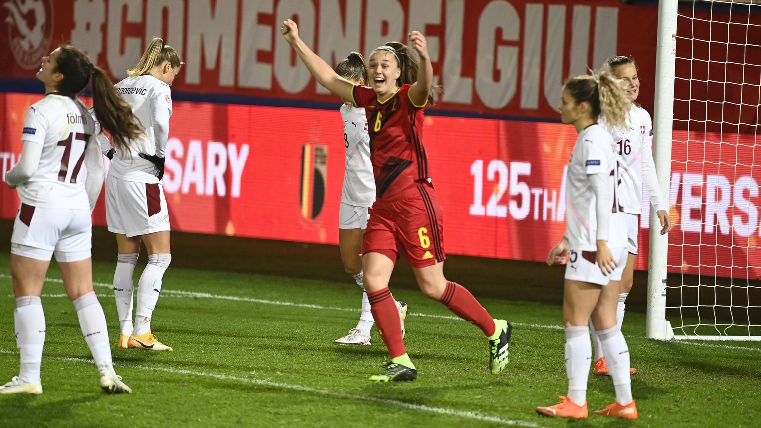 LEUVEN, BELGIUM - DECEMBER 1 : Tine Lea De Caigny of Belgium celebrates after scoring during the UEFA Women match qualification Group stage match between Belgium and Switzerland on december 1, 2020 in ...