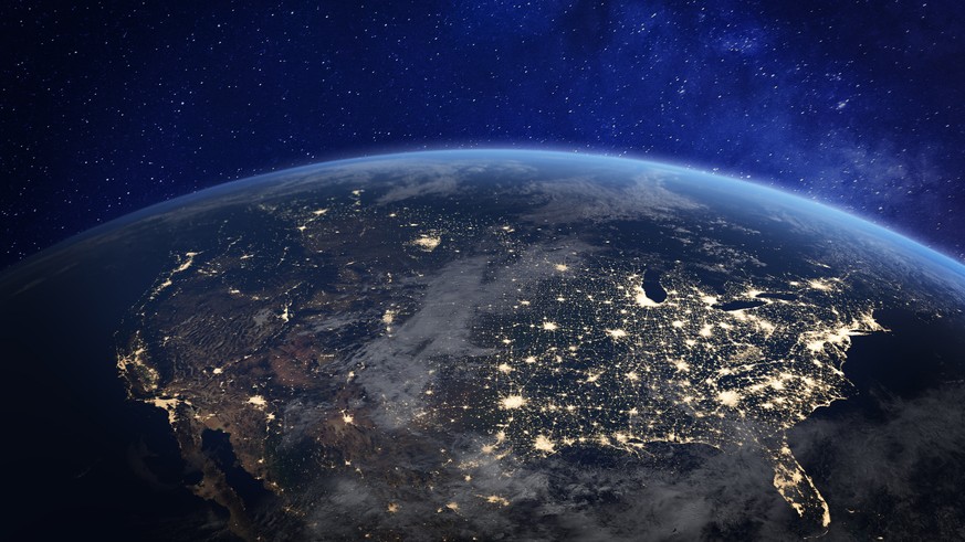 Die Erde bei Nacht vom All aus fotografiert. Sichtbar sind die USA und Kanada.