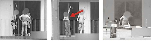 Das Video eines Detektivs entlarvt den IV-Bezüger (roter Pfeil) als ziemlich agilen Bauarbeiter.