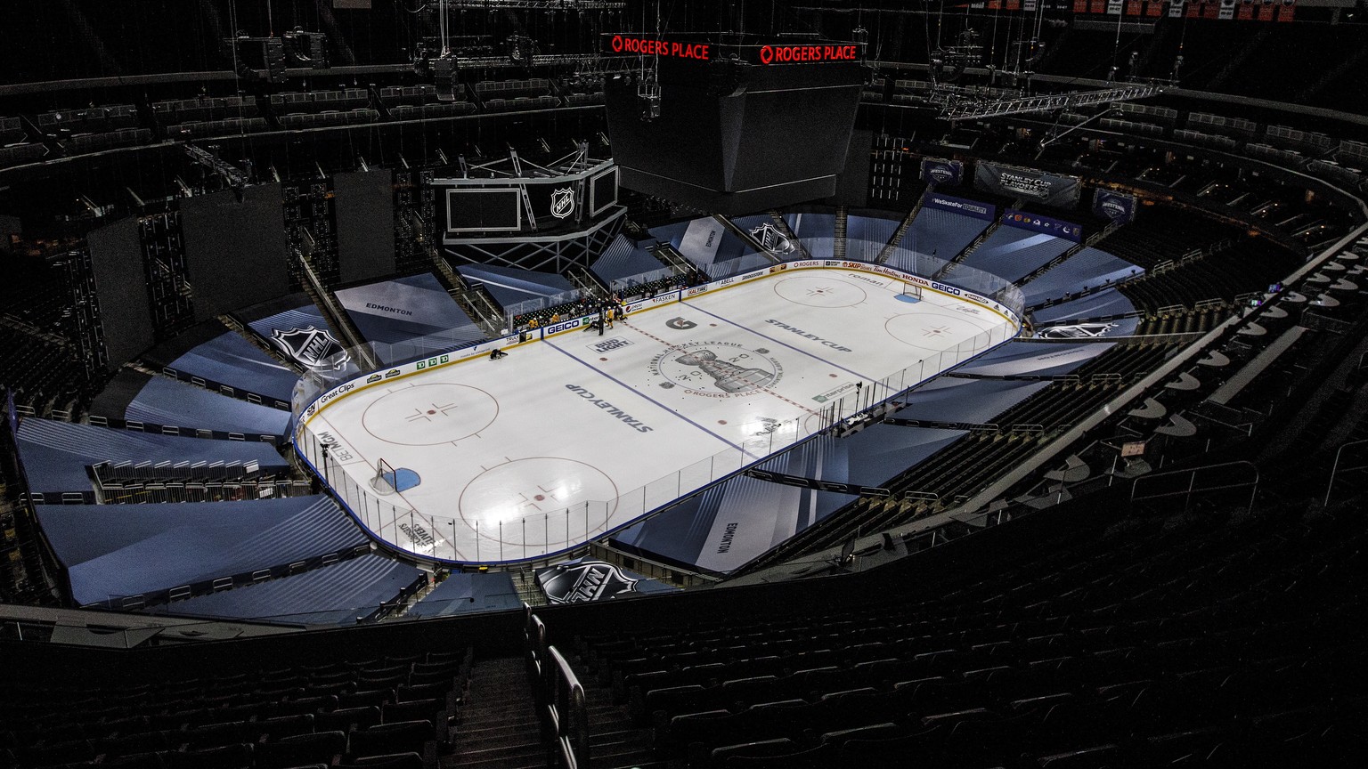 Players prepare for a skate at the NHL hockey playoffs venue in Edmonton, Alberta, Friday, Aug. 28, 2020. Boston Bruins captain Zdeno Chara hopes players and fans take a step back to pause and reflect ...