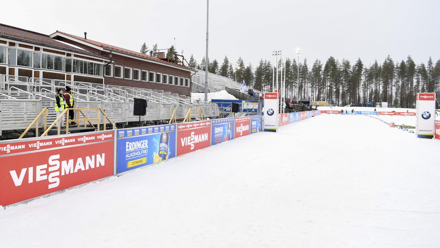 epa08289293 Empty grandstand in Kontiolahti before the men&#039;s 10 km Sprint competition of the IBU Biathlon World Cup in Kontiolahti, Finland, 12 March 2020. The International Biathlon Union (IBU)  ...