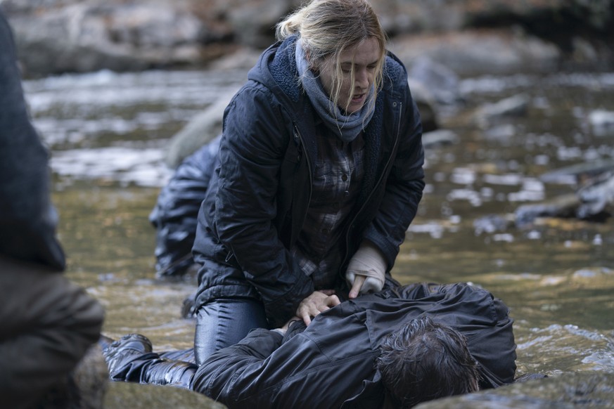 This image released by HBO shows Kate Winslet in a scene from &quot;Mare of Easttown,&quot; debuting on April 18. (HBO via AP)