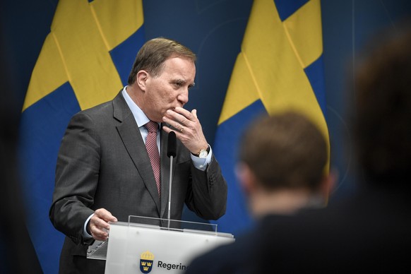 epa08419852 Swedish Prime Minister Stefan Lofven reacts during a press briefing on the current situation of the ongoing pandemic of the COVID-19 disease caused by the SARS-CoV-2 coronavirus in the Sca ...