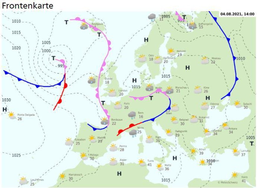 Die Grosswetterlage in Europa wird von einem Tief- und einem Hochdruckgebiet dominiert.