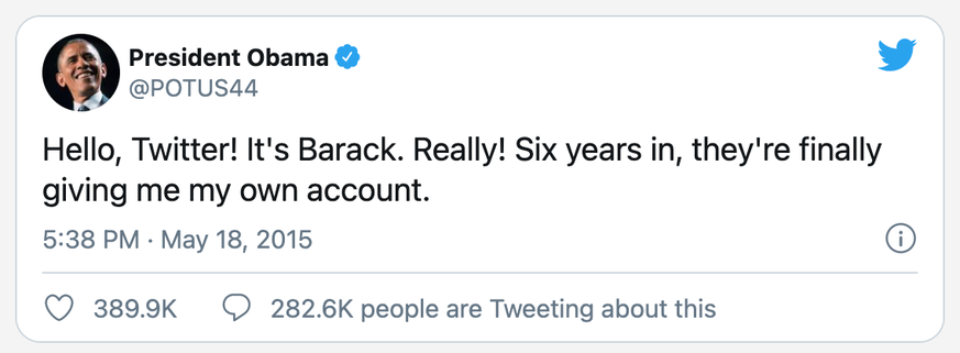 Nachdem Barack Obama sein Amt als 44. US-Präsident abgab, wurden seine Tweets archiviert und er erhielt von Twitter den neuen Account @POTUS44.